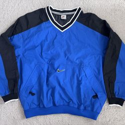 Nike Center Embroidered Swoosh Windbreaker V Neck Jacket with & Zippered Pockets  Size L 