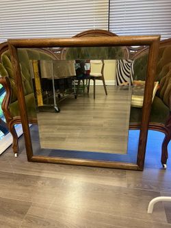 Large Square Glass and Wood Framed Mirror