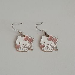 White & Pink Enamel Kitty Earrings 