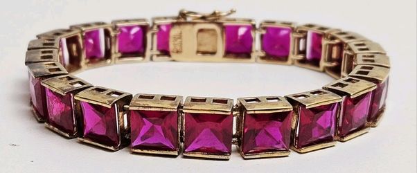 VTG UTC 925 Sterling Vermeil Magenta CZ High-Sparkle Tennis Bracelet 8" 40.2g