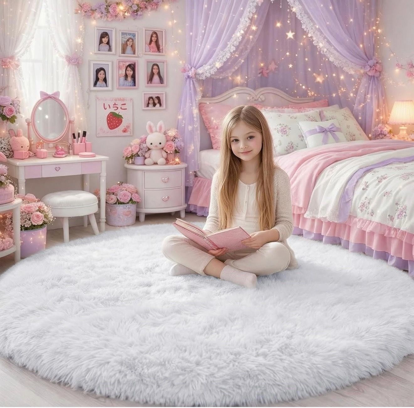 White Round Rug 6Ft for Bedroom, Circular Circle Area Rugs for Living Room, Large Soft Fluffy Shaggy Carpet for Teen Girls Boys, Kids Home Decor, Plus