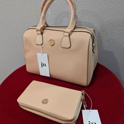 Jessica Moore Middy Satchel & 2-zip Wallet Peachy/Taupe/Cream Color Women Handbag/👜 &Wallet👛