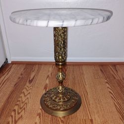 VTG Mid Century Modern Hollywood Regency Marble Top Brass Pedestal Table MCM18 In Tall 15 In Wide This Is Very Heavy
