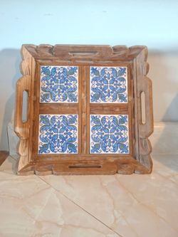Vintage Talavera tiles/carved wood serving tray
