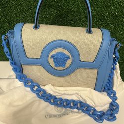 Versace Blue La Medusa Canvas Top Handle Bag NWT Brand New