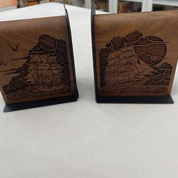 Pair Of Wood Bookends With Laser Engraved Sailboats 