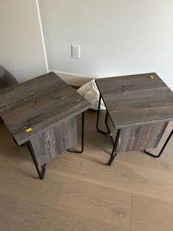 Pair of Mid-Century Modern Wood End Tables with Black Metal Legs