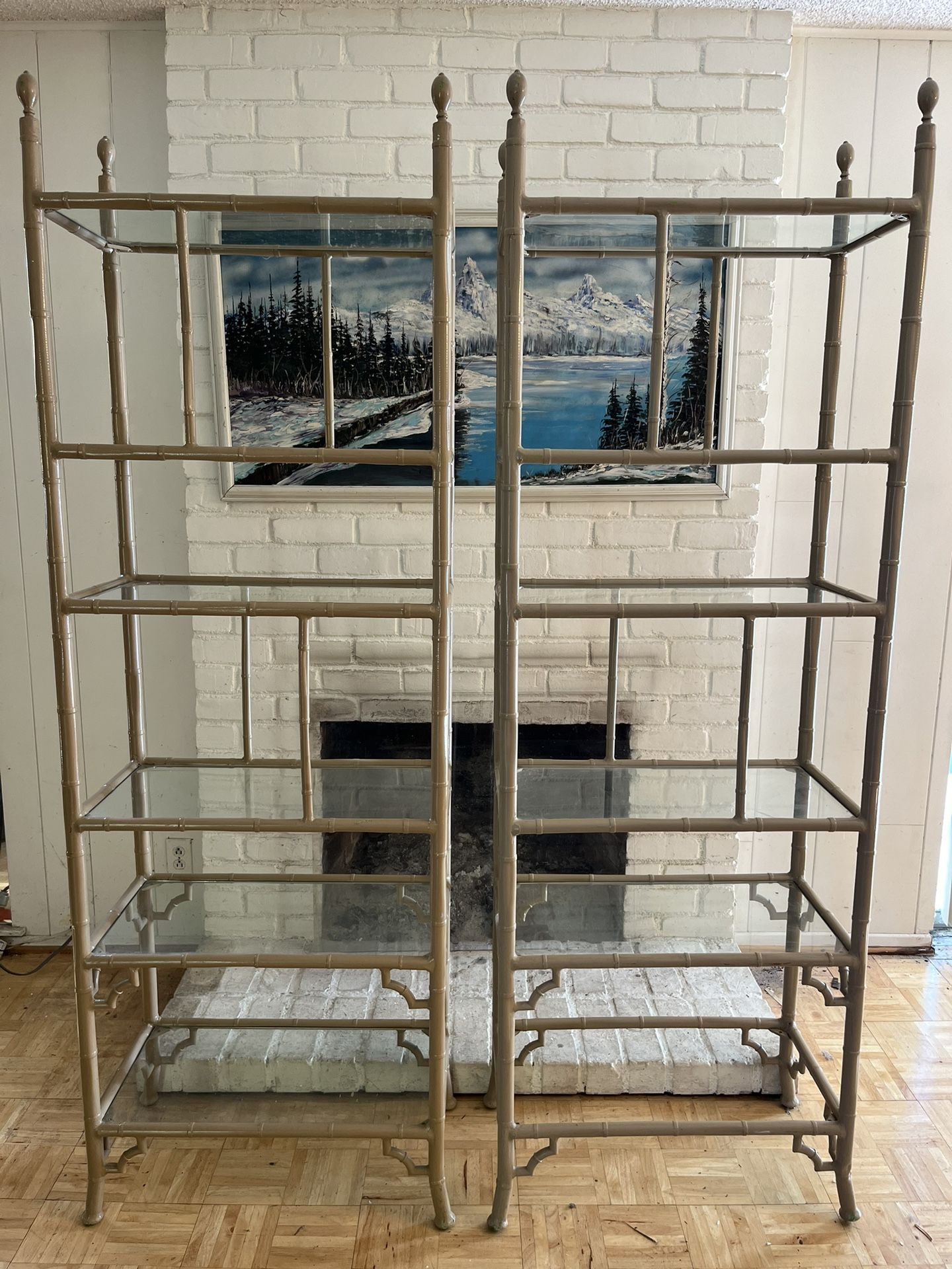 Faux Bamboo Glass Metal Tiki Polynesian Shelves / Etagere - Mid-Century Modern - Matching Pair!!!