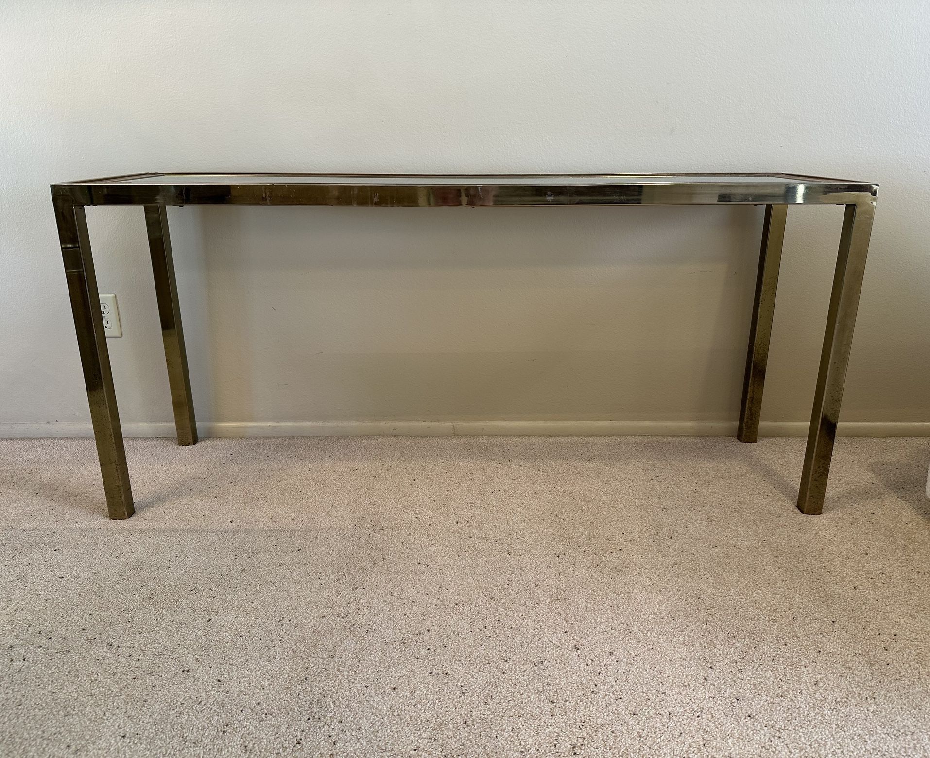 Vintage Mid Century Modern MCM Parsons Metal Brass Burl Wood Glass Sofa Console Hall Entry Table