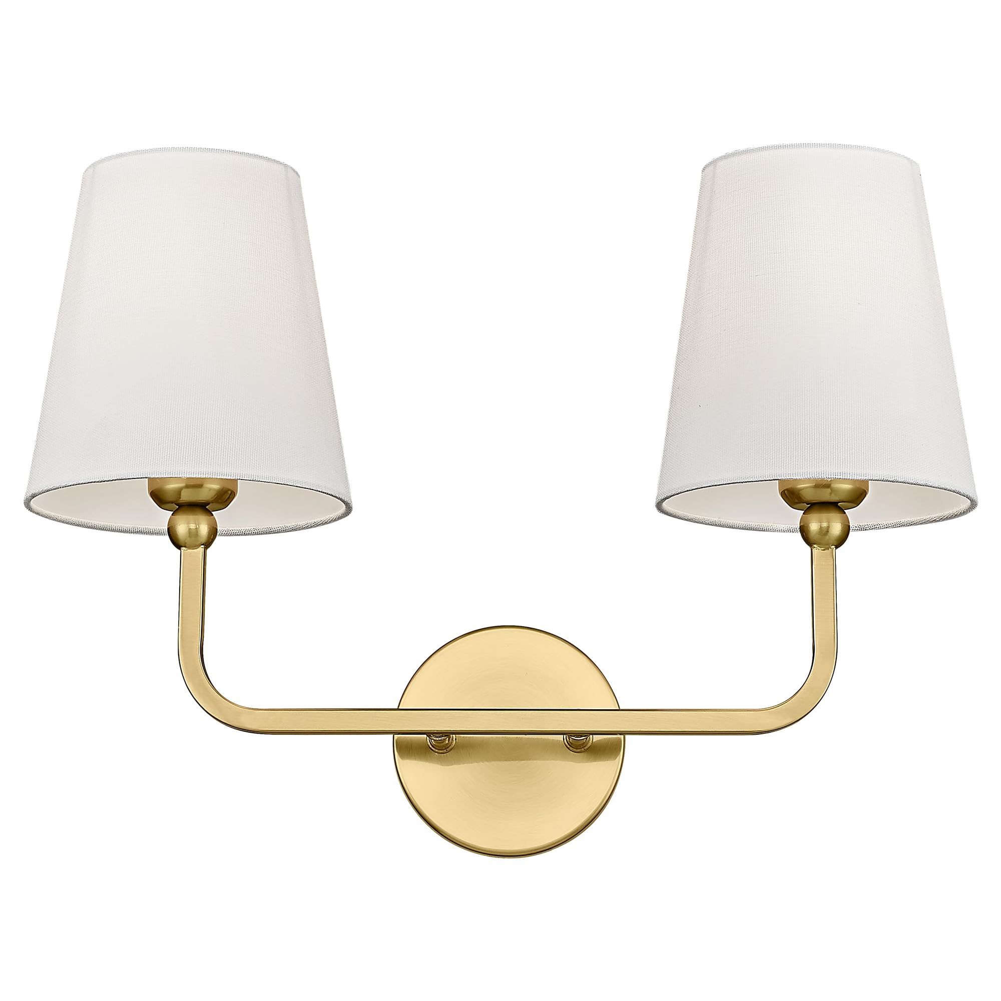 *NEW* 2 Light Bathroom Vanity Light, Brushed Gold Double Wall Sconce With Flared White Fabric Shade