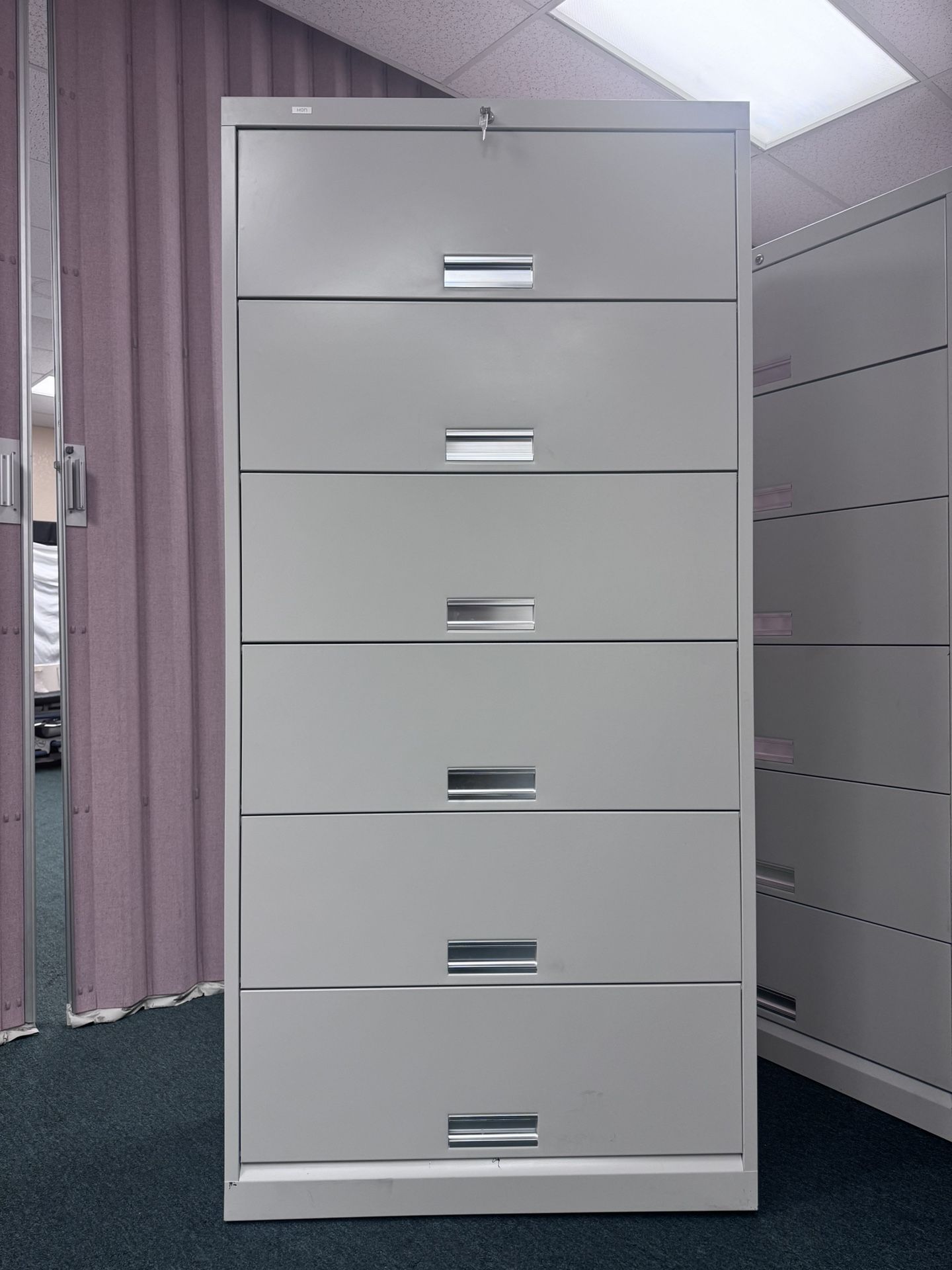 HON Metal Office File Cabinet with 6 Locking Shelves in Light Gray
