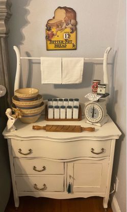 Vintage White Painted Washstand Dresser / coffee bar