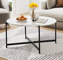 Round Coffee Table 36 Inch - Modern Faux Marble Top with Sturdy Metal Frame, Small Circular Wood Coffee Table for Living Room, Bedroom, Home Office –