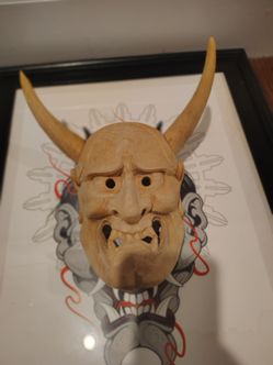 Japanese Hanya Mask, Authentic Wood Carved Oni Hanya Demon Mask in Perfect Condition