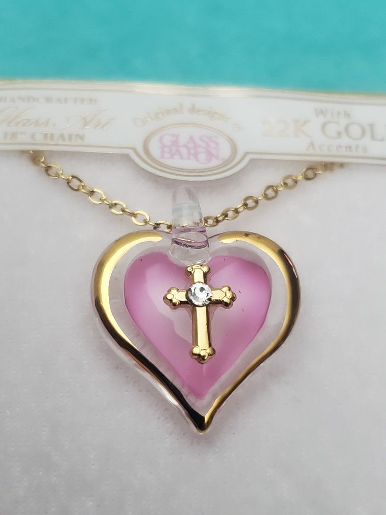 Glass Baron Pink Glass Heart With Cross Necklace 
