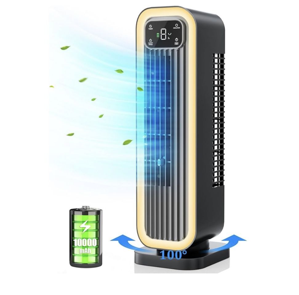 Portable Desk Fan, 14.6 Inch Oscillating Office Fan, 10000mAh Battery Operated Small Quiet Fan with 3 Speeds, 8H Timer and Night Light, Desk Tower Fan