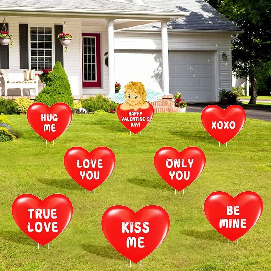 Valentine's Day Yard Signs, 8PCS 13 Inch Red Heart Shape with Words Cardboard Garden Signs Decorations with Stakes for Wedding, Anniversary Decoration