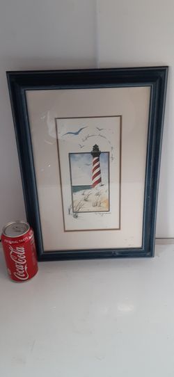 D. Morgan Signed Lighthouse Print 1994 Wood Framed Matted 16x11 Beach Decor