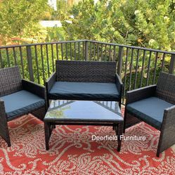 New Brown Wicker Patio Set with  Blue Cushions - 4 pc Outdoor Wicker Furniture Set