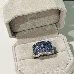 Vintage 925 Silver Tanzanite And Diamond Ring Size 10