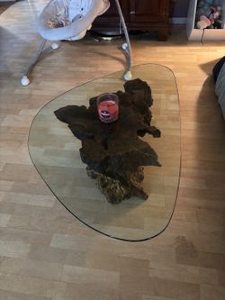 🌿 Unique Live Edge Wood Stump Coffee Table w/ Freeform Glass Top