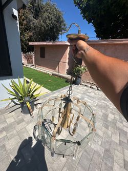 Brass and Glass Panel Chandelier