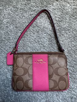 Coach Signature Wristlet in Khaki and Pink