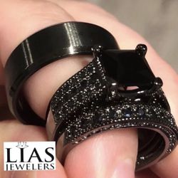 New S925 Black Gunmetal His And Hers Wedding Ring Set 