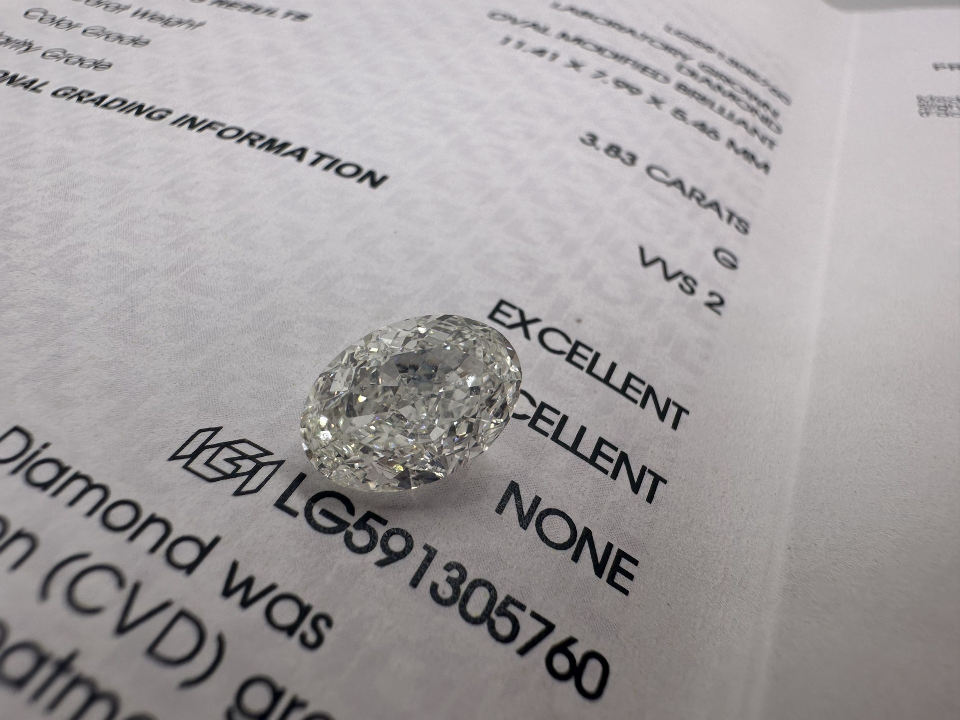 3.83 Carat Oval Diamond G VVS2 Crushed Ice IGI Certified