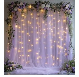 10x10ft Lavender Tulle Backdrop Curtain with Fairy Lights, Wrinkle-Free Sheer Wedding Backdrop for Birthday Parties, Baby Showers, Bridal Showers, Pho