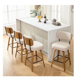 Swivel Bar Stools Set of 4, 26" Upholstered Counter Height Bar Stools with Back and Oak Wood Legs, Linen Fabric Upholstered Barstools (Build)(Firmpric