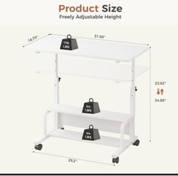 White Adjustable Height Rolling Desk Cart