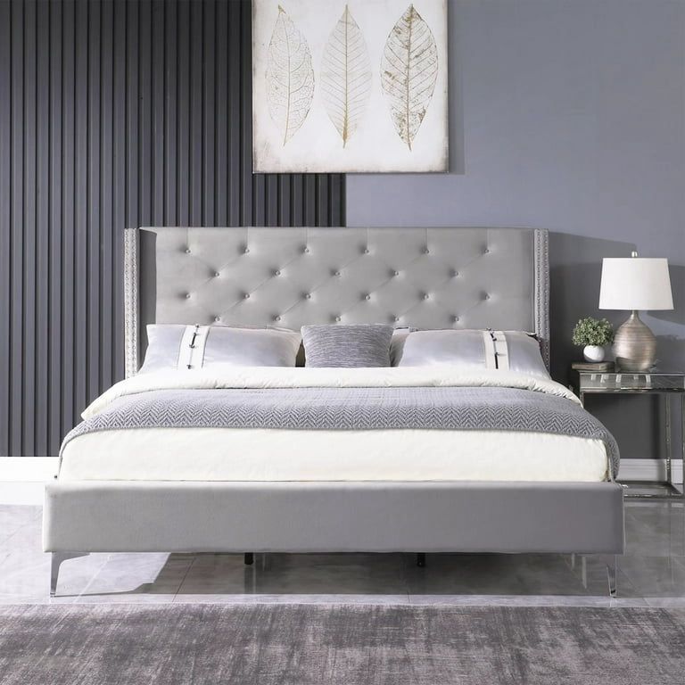 Queen Size Wood Platform Bed Frame with Upholstered Headboard