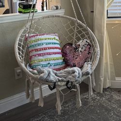 Hanging Boho Rattan Chair Swing Beige Tassel 