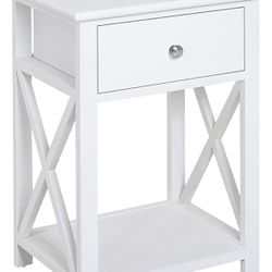 HOMCOM Side Table, Farmhouse End Table with Storage Drawer, Open Shelf and X-Frame, 