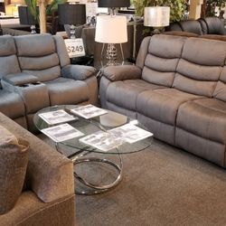 Brand New Gray Linen Manual Reclining Sofa + Loveseat With Center Console