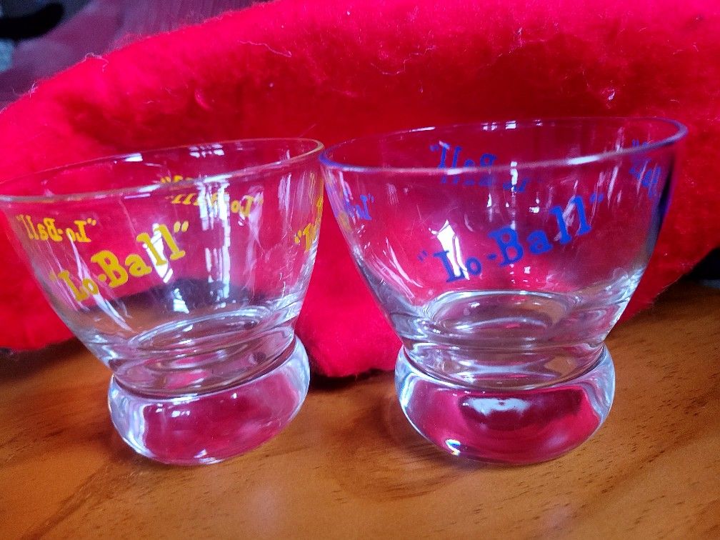 Lo-Ball Glasses by Eva Zeisel in Yellow and Blue, Set of 2 Mid Century Barware Rocks Glasses, Lowball Cocktail Glassware
