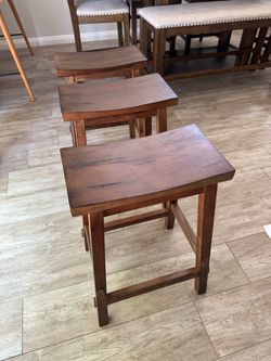 3 Solid Wood Saddle Counter Stools, Walnut Finish (24" Seat)