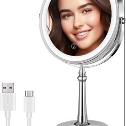 9" Large Lighted Makeup Mirror, 1X/10X Magnifying Mirror with Lights, 360 Rotate Touch Screen Vanity Light up Mirror with 3 Color Lights, Brightness A
