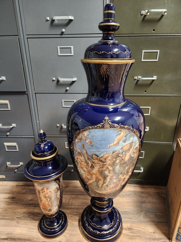 Pair of Sevres style vases 42 in & 21 in tall