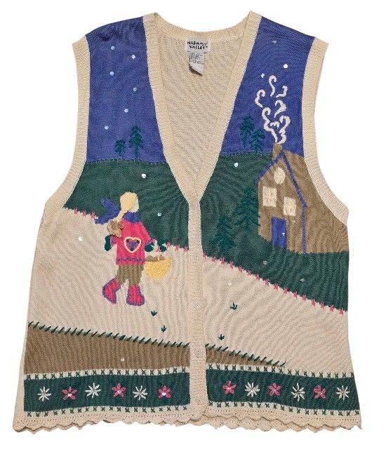 Vintage Napa Valley Sweater Vest Large Kitschy Novelty Embroidered Winter Visit