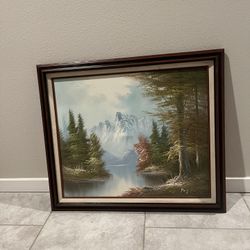 Vintage Original 1960s Framed Alpine Lake Forest Landscape Oil Painting signed by Roy Rolier, 28”x24”
