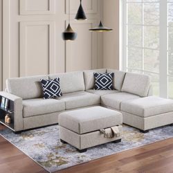 BEIGE REVERSIBLE SECTIONAL WITH SHELF. OTTOMAN INCLUDED. FINANCE TODAY 