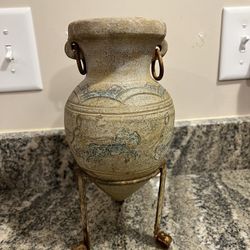 Unique Pottery Jug in Metal Stand
