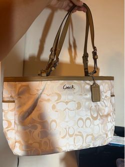 Cream and White Coach Tote Bag