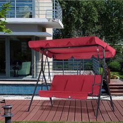 3-Person Outdoor Patio Swing Chair, Convertible Canopy Hanging Swing Glider Lounge Chair, Removable Cushions, 4003 (Red)