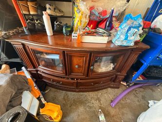 Dark Wood TV Console Cabinet with Glass Doors