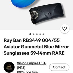 Ray-Ban rb3449 004/55 aviator gunmetal blue mirror sunglasses 59-14mm RARE