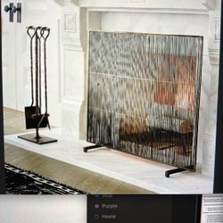 Antiqued Brass Fireplace Screen, Tools, And Log Holder