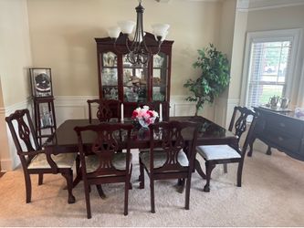 Dark Cherry Wood Table and Chairs, Cabinet, and Buffet